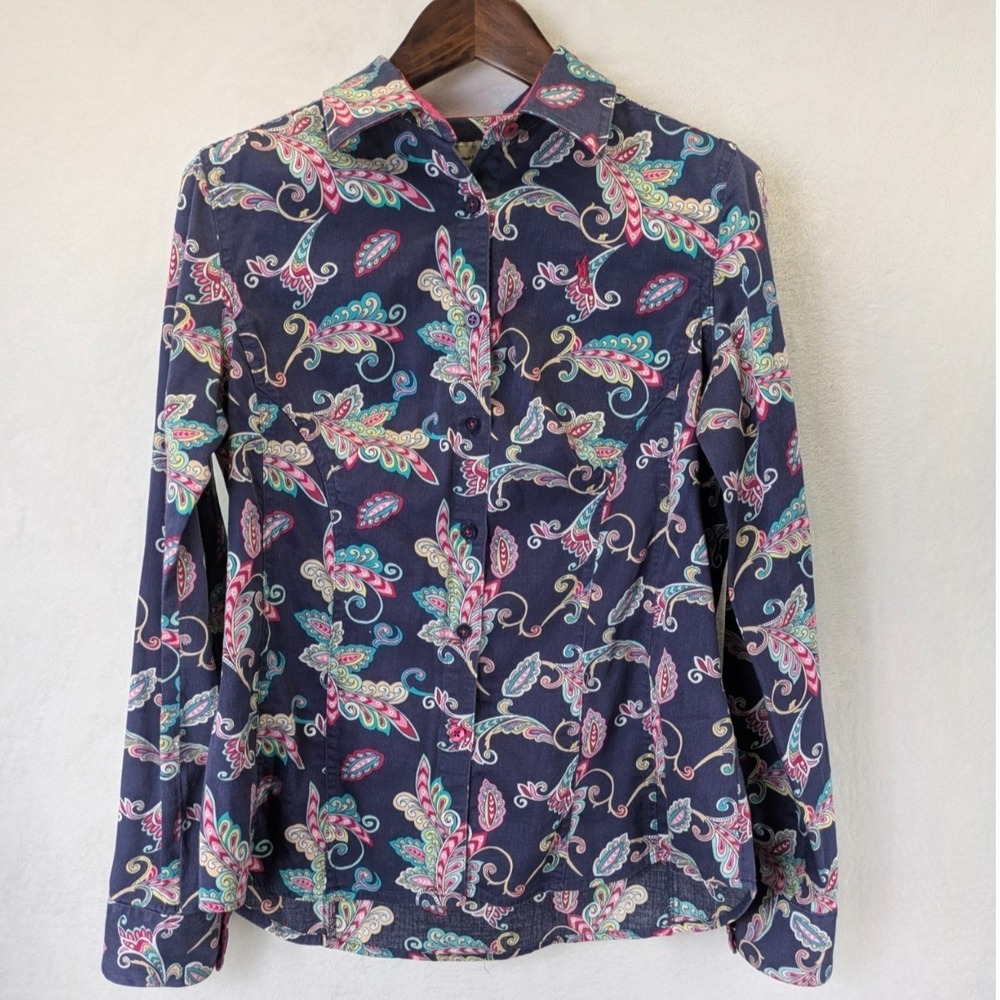 Thomas Cook Button Down Shirt Womens 12 Navy Paisley Western Stretch Long Sleeve